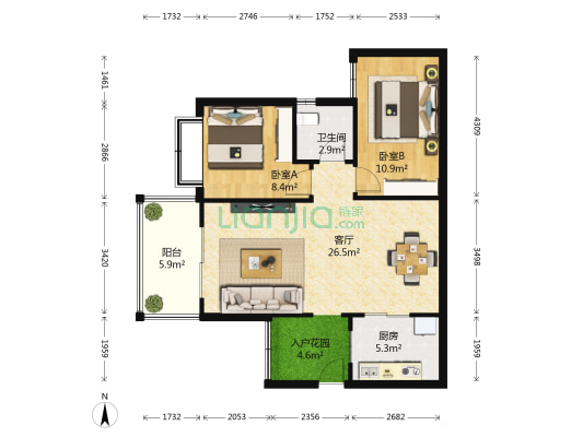 东山河畔 2室1厅1卫 73平方