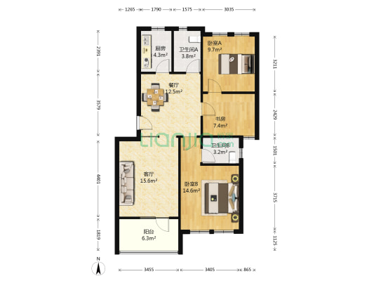 江南名楼 3室2厅2卫 93平方