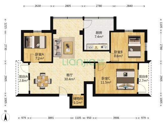 北京南路 3室1厅0卫 88平方
