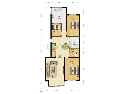 墅明花园 4室1厅1卫 148平方