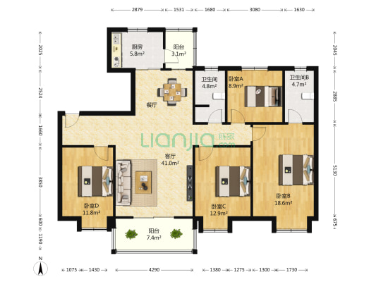 襄阳碧桂园峰景苑 4室1厅2卫 140平方
