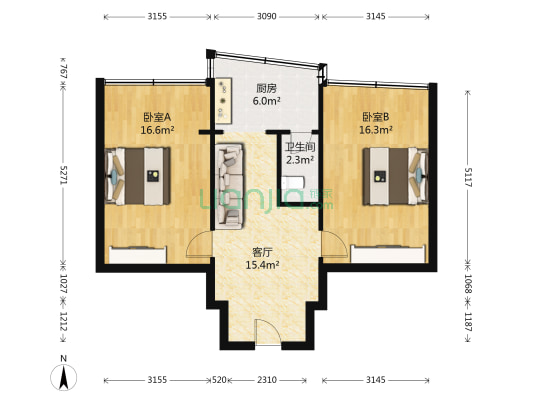 民生路18号 2室1厅1卫 64平方
