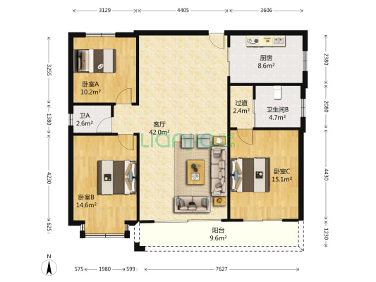 红石路13号 3室1厅2卫 140平方
