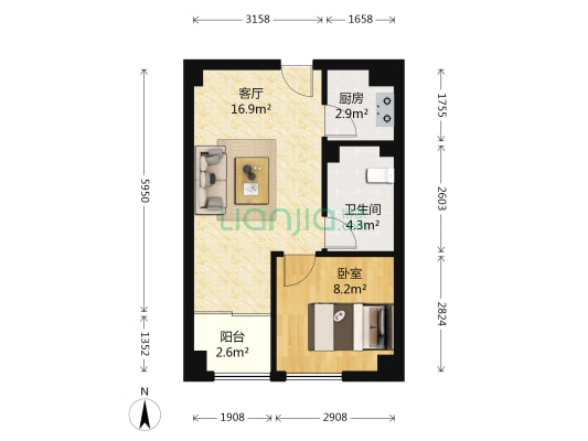 世纪百合商业广场 1室1厅1卫 54平方
