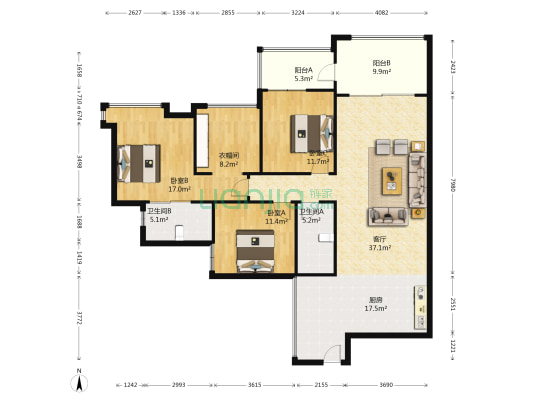 中德英伦联邦B区 3室1厅2卫 112平方