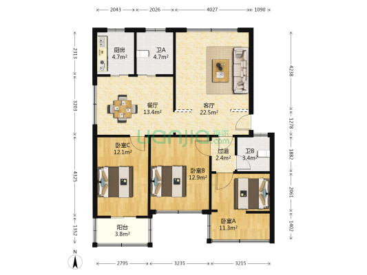灵峰公寓 3室2厅2卫 103平方