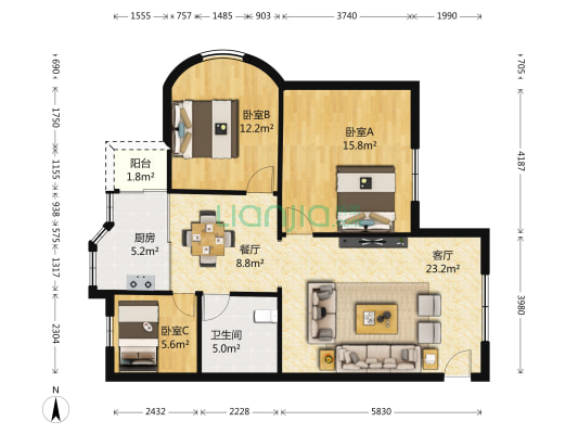 利安大厦 3室2厅1卫 82平方