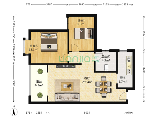 方圆名城 2室1厅1卫 85平方