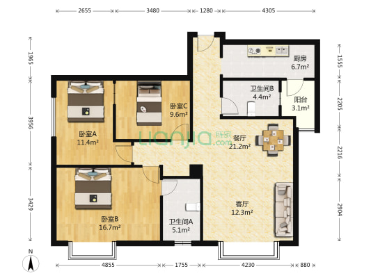 中产花香四季 3室2厅2卫 121平方