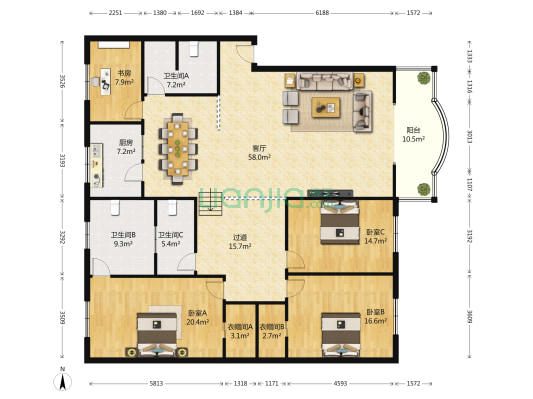 兴益名苑 4室1厅3卫 193平方