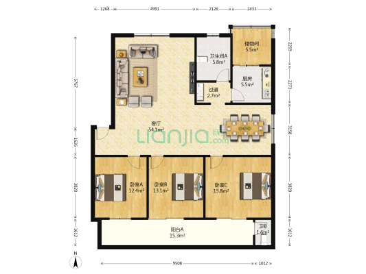 淮南街1号 3室1厅2卫 135平方