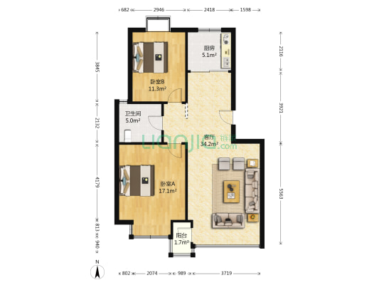 亲亲家园 2室1厅1卫 92平方