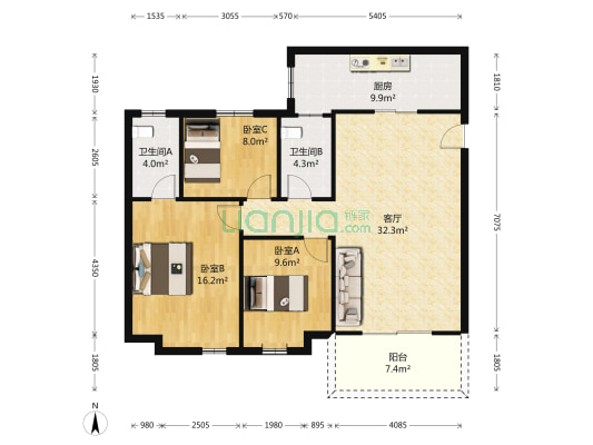 汇盈花园 3室1厅2卫 100平方