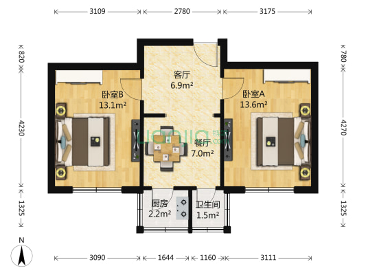 四中宿舍 2室2厅1卫 53平方