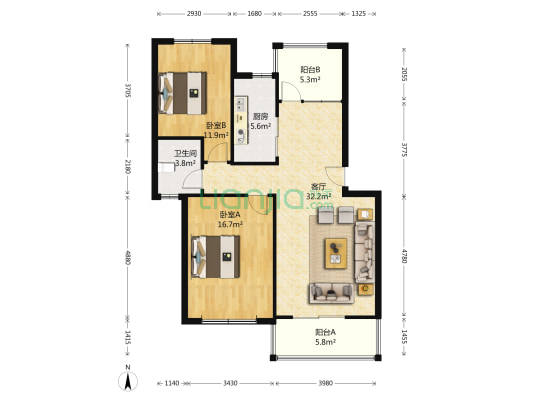 中天蓝山 2室1厅1卫 97平方