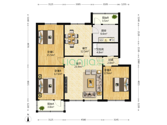 丰泽家园 3室2厅1卫 114平方