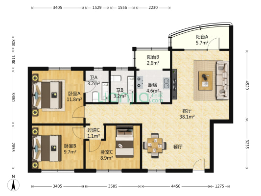 恒富花园1号院 3室1厅2卫 114平方