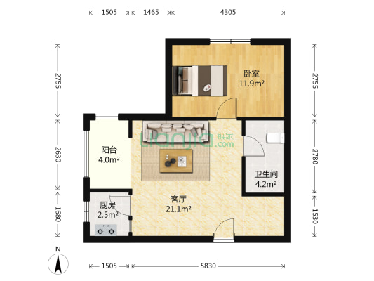 青年城邦小区 1室1厅1卫 62平方