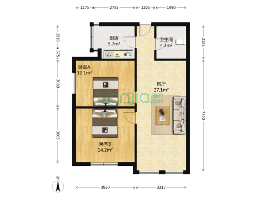 钢都花园123街坊 2室1厅1卫 79平方