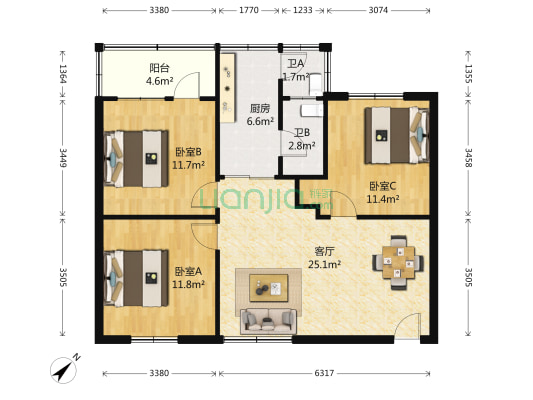 金燕花园 3室1厅2卫 90平方