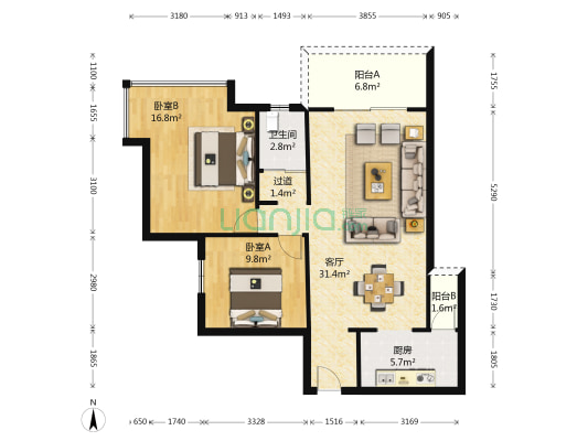 绿海云天 2室1厅1卫 85平方