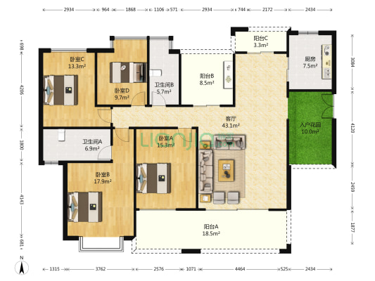 鸿荣源熙园山院 4室1厅2卫 166平方
