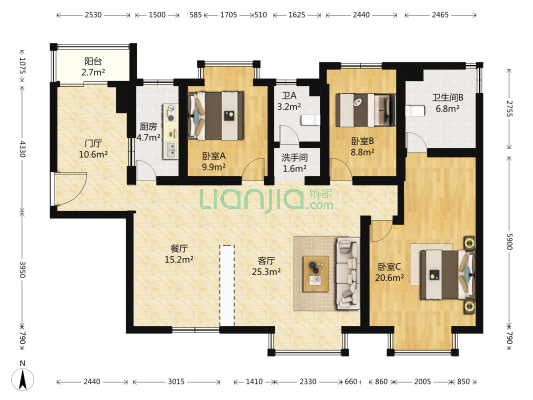 新亚洲体育城星宇园 3室2厅3卫 130平方