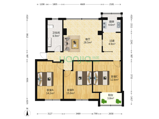 湖北省环保厅 3室1厅1卫 110平方