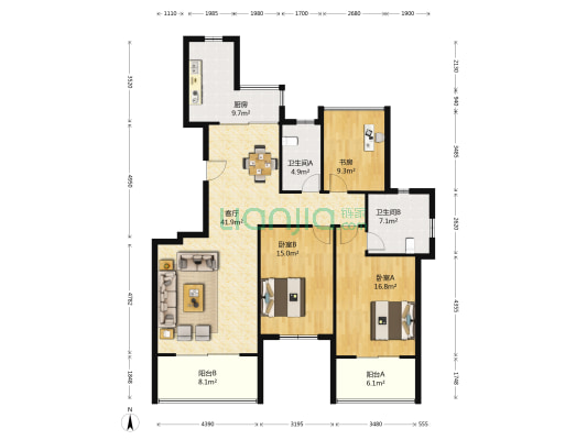 维纳阳光花园北区 3室1厅2卫 132平方