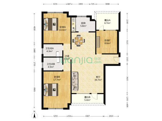 环球贸易中心 3室1厅2卫 138平方