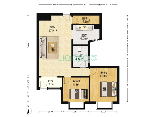 良运缤纷四季 2室1厅1卫 87平方