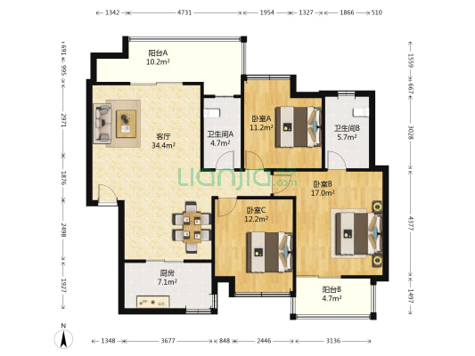 雅居乐花园 3室1厅2卫 133平方