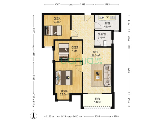 钰龙湾丰园 3室1厅1卫 95平方