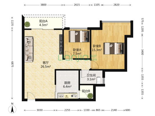 海骏达上苑 2室1厅1卫 77平方