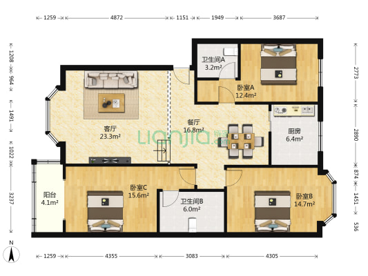 华阳桃李园 3室2厅2卫 124平方