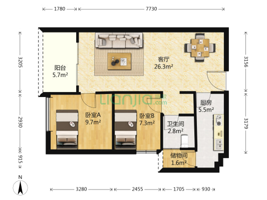 俊发湾流海 2室1厅1卫 77平方