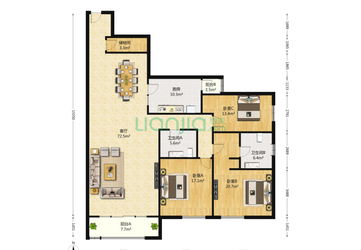 3室1厅2卫201㎡-北京美林花园户型图