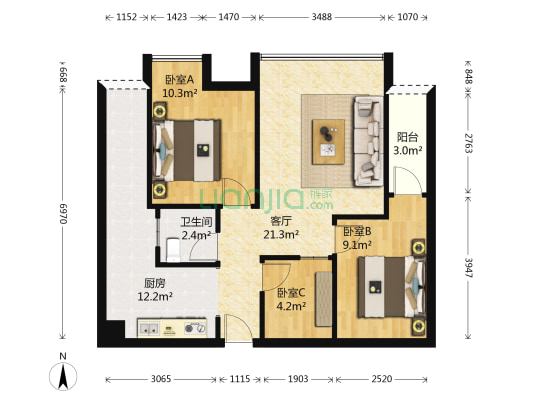 瀚恩国际社区HIC韵动 3室1厅1卫 68平方
