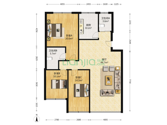 中天花园.桃花园 3室1厅2卫 128平方