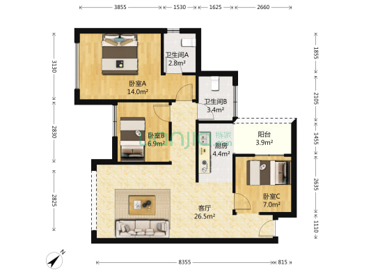阳光天天向上 3室1厅2卫 59平方