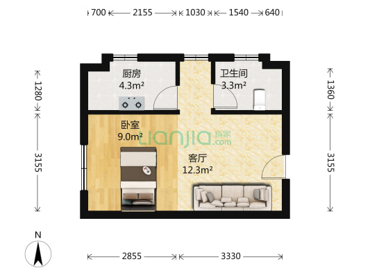 东环瑞府 1室1厅1卫 45平方