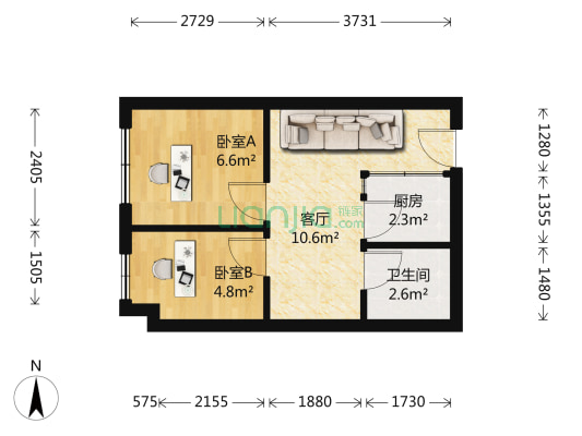 左岸右岸 2室1厅 南