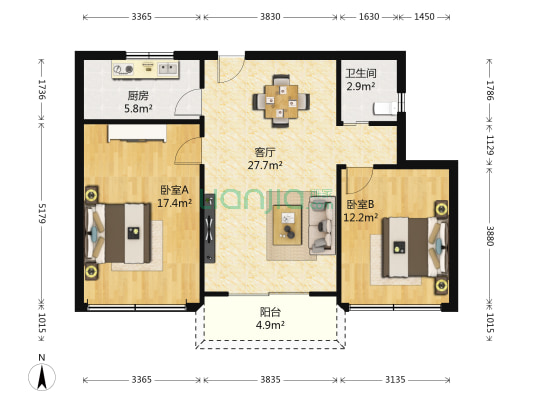 雅戈尔御西湖 2室1厅1卫 87平方