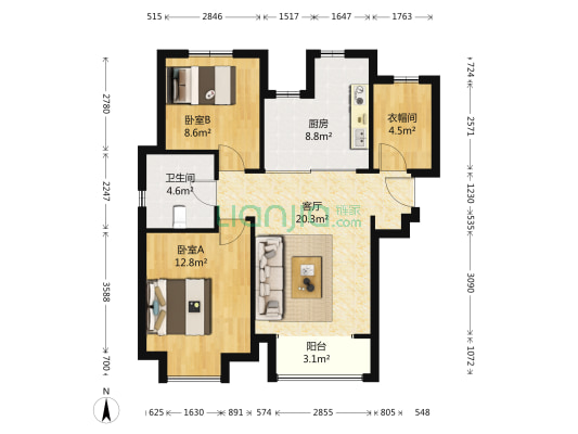 融科瀚棠丰合园 2室1厅1卫 93平方