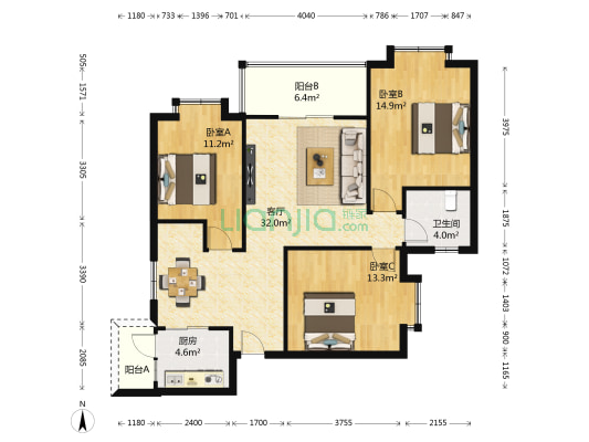 玫白兰丽舍二期A区 3室1厅1卫 104平方