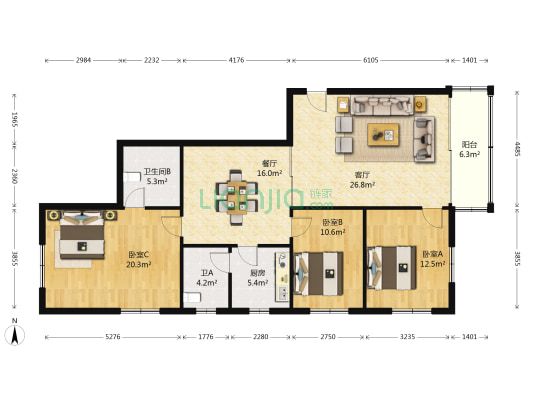 金湖花园 3室2厅2卫 133平方