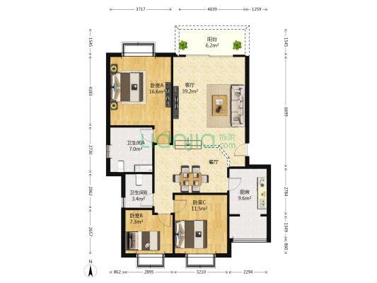 美洲花园三期 3室1厅2卫 116平方