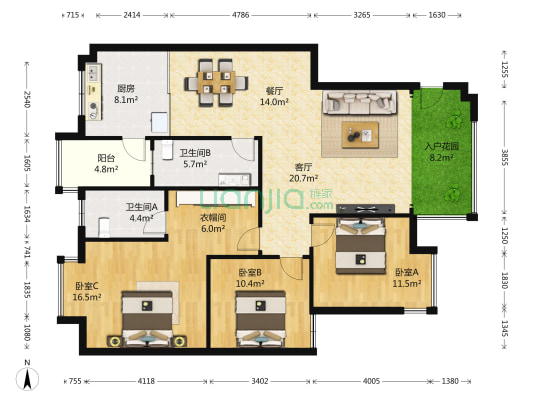 岭秀阳光 3室2厅2卫 129平方