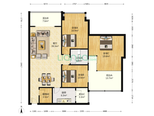 交大怡家 3室1厅1卫 90平方