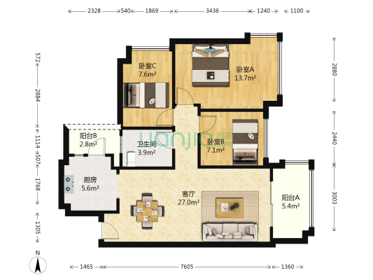 雅居乐·曼克顿山 3室1厅1卫 90平方